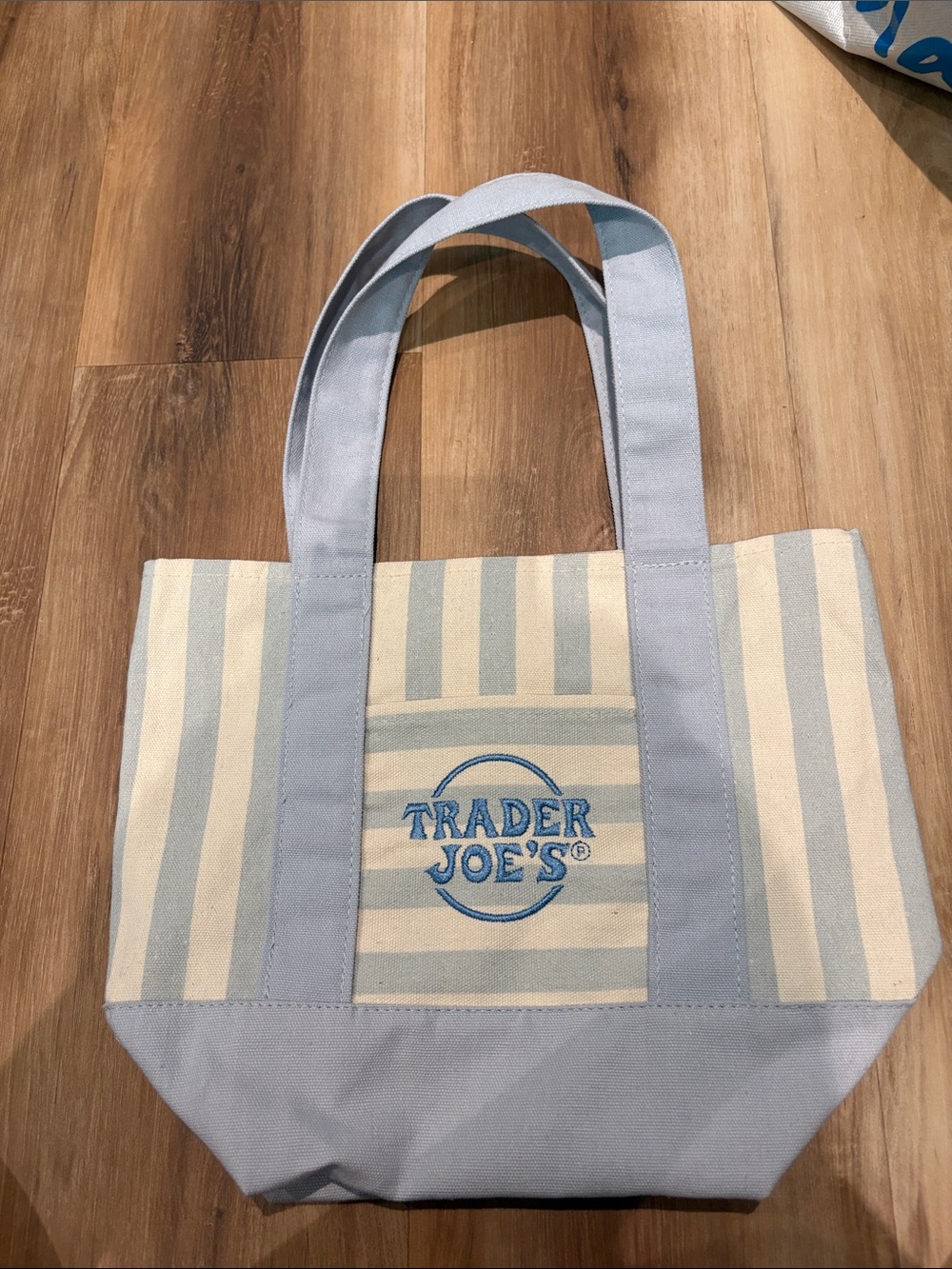Trader Joe's Light Blue and Cream Striped Canvas Tote